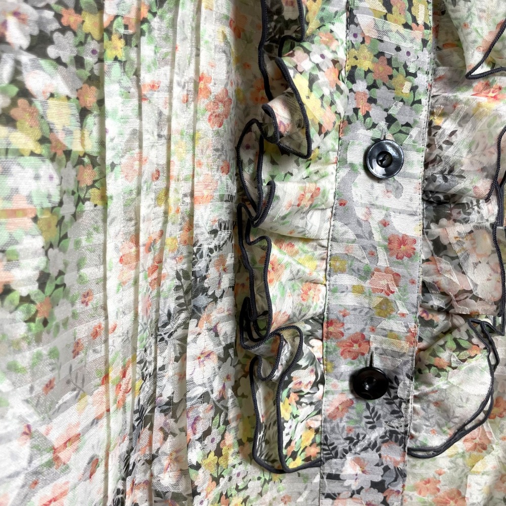 Sheer Floral Ruffle Blouse Button‎ Up Sz Large Cottage Romantic Feminine - Picture 4 of 9